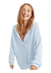 Aerie  CozyUp Waffle Sweater Hoodie in Eyelet Blue Soft Lounge Pullover | Size S