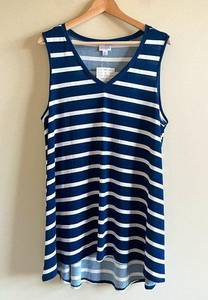 NEW Lularoe  Kristina Women Top Size XL Tunic Dress Sleeveless Stripe Blue White