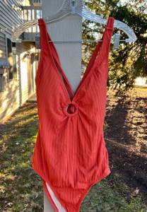 Women's Ribbed Ring Front One Piece Swimsuit Cinnamon Orange Size Medium