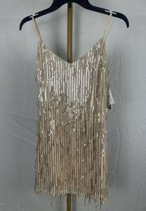 New XXS Ivory Gold Sequined Fringe Short Strappy Dress  Style Prom