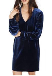 Madewell  Velvet Balloon Sleeve Mini Dress Long Sleeves V-Neck Twilight Blue XS