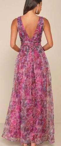 Lulus Lulu’s Garden Romance Magenta Floral Print Organza Maxi Dress Pink Purple XS