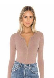 Bodysuit Tan Ribbed Long Sleeve Snap Front Top