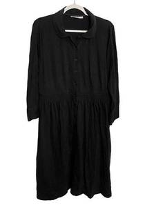 eShakti Collared Button Front Shirt Dress Long Sleeve Black Midi Size Large