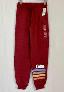 Women’s Casual Drawstring Joggers Coke Rainbow Print Logo Maroon NWT