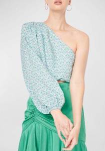 CAMI NYC Lenore Floral One-shoulder Linen Crop Top Turquoise Wallpaper Womens S