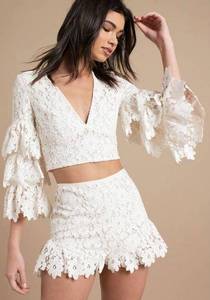 Saylor Misty Ivory Lace Layered Bell Sleeve Top With Matching Shorts