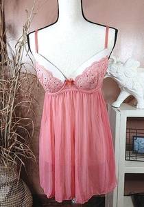 Jessica Simpson JS Size Large Pink Jewel Lace Bra Lingerie Slip Top Sheer Mesh