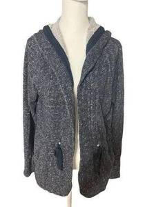 Lucky Lotus Hooded Cardigan Sweater Drawstring Waist Blue Grey. Size L