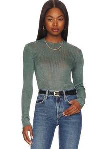 Free People NWT  H2O Forest Green Sheer Knit Women Small Crew Neck Pullover Top