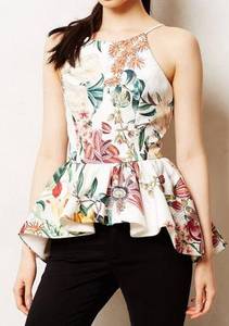 Cameo Anthropologie Dahlia Floral Halter Peplum Ruffle Tank Top White Small