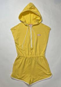 Womens Romper One Piece Yellow Hood Half Zip Pocket Small