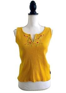 Route 66 Yellow Knit Ribbed Tank Floral Embroidery Sleeveless Women’s Size Small