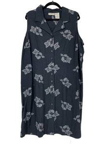 Vintage 90s Sleeveless Button Front Linen Shirt Dress Sz 20W Black Floral Print