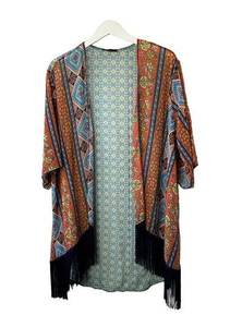 West Kei Blue & Orange Floral Semi-Sheer Fringe Open Swing Duster Sweater Small