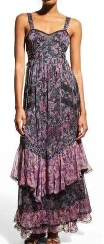 Rococo  Sand Nott Sweetheart Tiered Metallic Purple Paisley Maxi Dress Size S