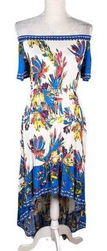 Flying Tomato  Dress XS Off Shoulder Hi-Lo Blue White Floral