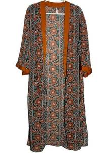 Bohemian Floral Festival Style Crepe Long Kimono Duster Sheer Orange Green Boho