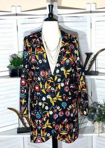 Vintage Y2K multicolor floral pattern black long coat sz 2X