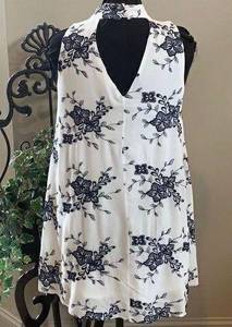 Vestique White Flowy Dress with Navy Floral Pattern