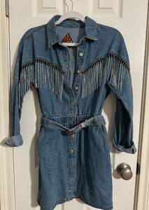 denim long sleeve rhinestone fringe dress