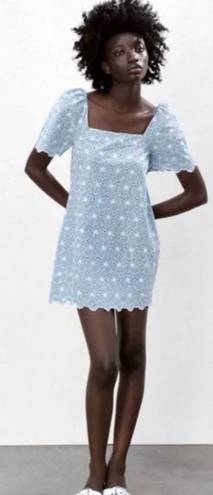 ZARA Light Blue and White Floral Eyelet Shift Mini Dress