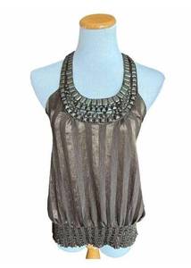 Womens Agaci Chocolate Beaded Neckline Sateen Racerback Sleeveless Top - Sz S