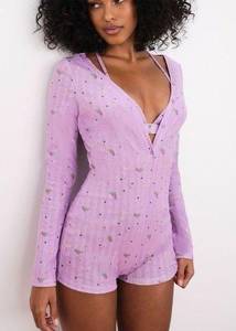 For Love & Lemons Pointelle Deep V-neck Onesie Sleepwear Romper Purple Size XL