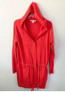 Kenneth Cole  Red Long Cardigan Sweater with Hood and Drawstring Waist Size Small