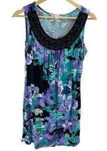 Laura Ashley Womens Shift Dress Floral Sleeveless PUrple Green Petite Medium