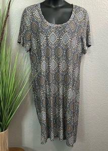 Premise dresses, navy white, gold and gray, printed knit dress size 2X