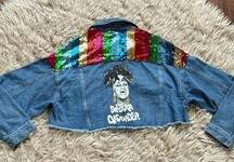 Custom Celia Cruz Sequined Denim Cropped Jacket size Medium