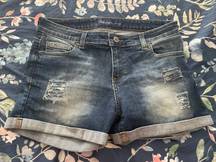 Midi Distressed Seersucker Jean Shorts