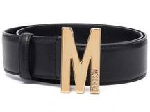 Moschino Black Leather Plaque Belt with Gold Tone M Logo Size 44 NWT