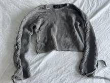 Lulus Cropped Sweater Crochet Knit Grey Crop