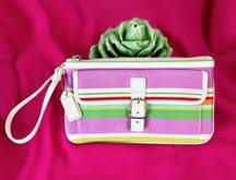 Coach Hampton Multi Color Striped with White Leather Trim Wristlet Style 40509