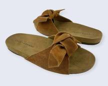 Lucky Brand Florene Macaroon Brown Suede Leather Bow Flat Slide Sandals 7