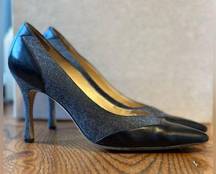 Manolo Blahnik Black Leather and Grey Tweed Fabric Heel Pumps