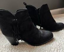 booties. Black faux suede. size 9. Approx 3.5 inch heel