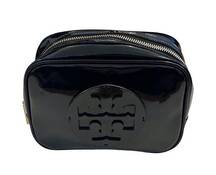 Tory Burch Patent Cosmetic Case Toiletry Pouch Travel Clutch Zip Bag - Black