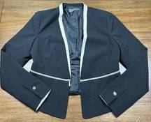 Open Front Cropped Blazer Zipper Accents Black W/ White Size Large