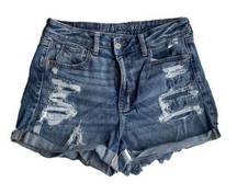 American Eagle Distressed High-Rise Medium Wash Denim Cutoff Mom Jean Shorts