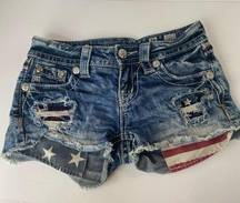 Miss Me  American Flag Shorts Sz 24 USA Stars Stripes Bling Distressed Patriotic