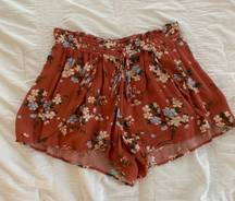 American Eagle Floral Printed Elastic Drawstring Flowy Tulip Hem High-Rise Shorts