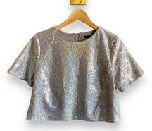 Maddy K Metallic Silver Sequin Short Sleeve Crop Top