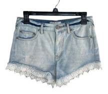 Free People  SZ W 25 Jean Shorts Crochet Lace Hems Zip-Fly Distressed Light Wash