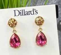 Dillard's  Earrings Teardrop Rhinestone Jewel Dangle Drop Fashion Pink Amber NWT