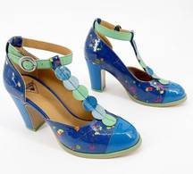 John Fluevog Blue Attic Zelda Applique Eclectic T-Strap Floral Retro Heel Sz 8.5