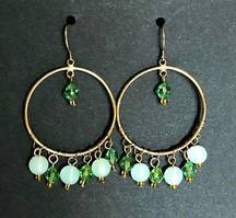 Wrapped Hoop Earrings Green Dangles Brass Color Retro Boho