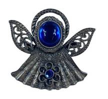 Angel Pin Brooch KC Dark Silver Tone Blue Stones Floral Accent Rhinestone Metal